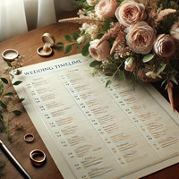 DALL·E 2025-01-11 10.30.20 - A lifelike, photorealistic image of a detailed wedding timeline sheet placed on a wooden table, surrounded by elegant wedding rings and a beautiful bo