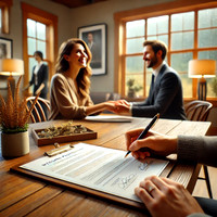DALL·E 2025-01-11 10.26.18 - A lifelike, photorealistic image looking over the shoulders of a couple as they joyfully sign their wedding photography contract in a cozy studio in B