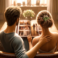DALL·E 2025-01-11 11.12.39 - A lifelike, photorealistic image from the perspective of a photographer looking over the shoulders of a couple as they flip through their wedding albu
