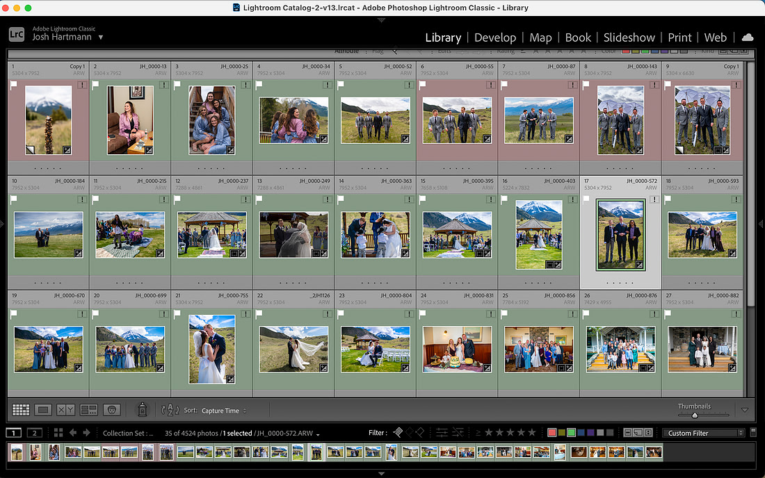 Screenshot of a photo editing workflow in Adobe Lightroom, showcasing the categorization and selection process for a wedding album by a Bozeman photographer.